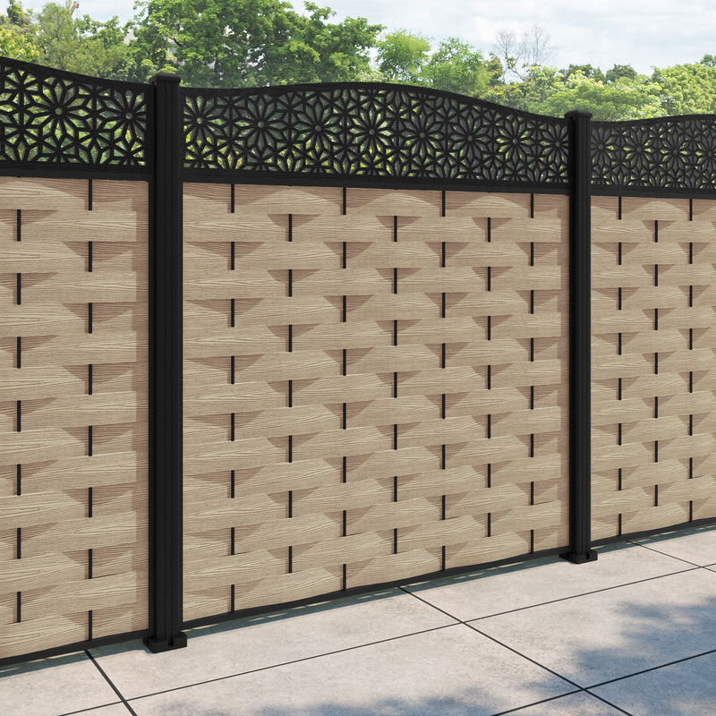 Ripple Narwa Curved Top Fence Panel - Light Oak - with our aluminium posts