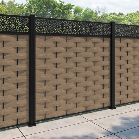 Ripple Narwa Fence Panel - Teak - with our aluminium posts