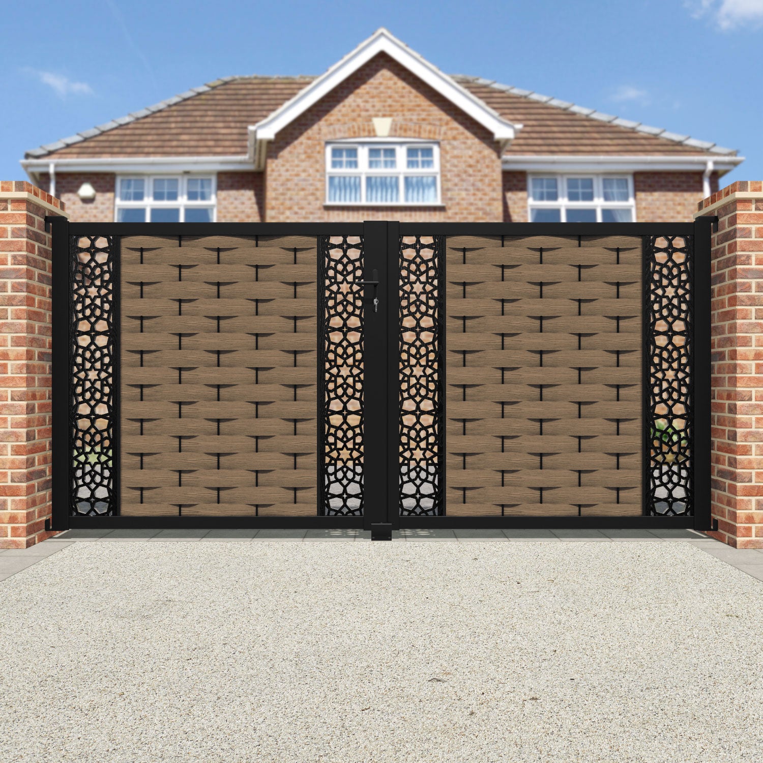 Ripple Nazira Straight Top Driveway Gate - Teak - Middle & End Screen