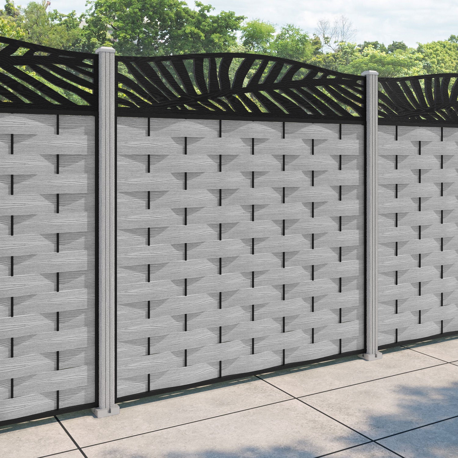 Ripple Palm Curved Top Fence Panel - Light Grey - with our composite posts