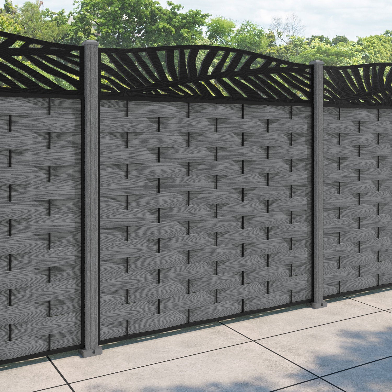 Ripple Palm Curved Top Fence Panel - Mid Grey - with our composite posts