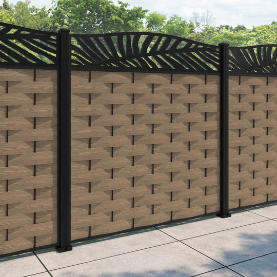 Ripple Palm Curved Top Fence Panel - Teak - with our aluminium posts