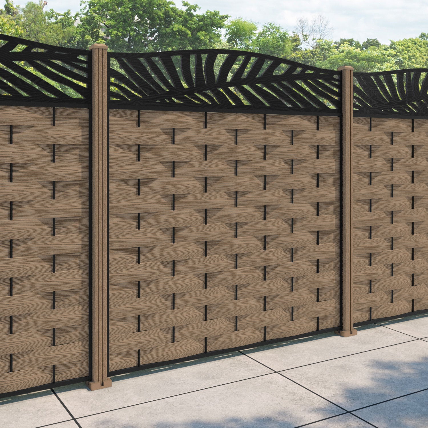 Ripple Palm Curved Top Fence Panel - Teak - with our composite posts