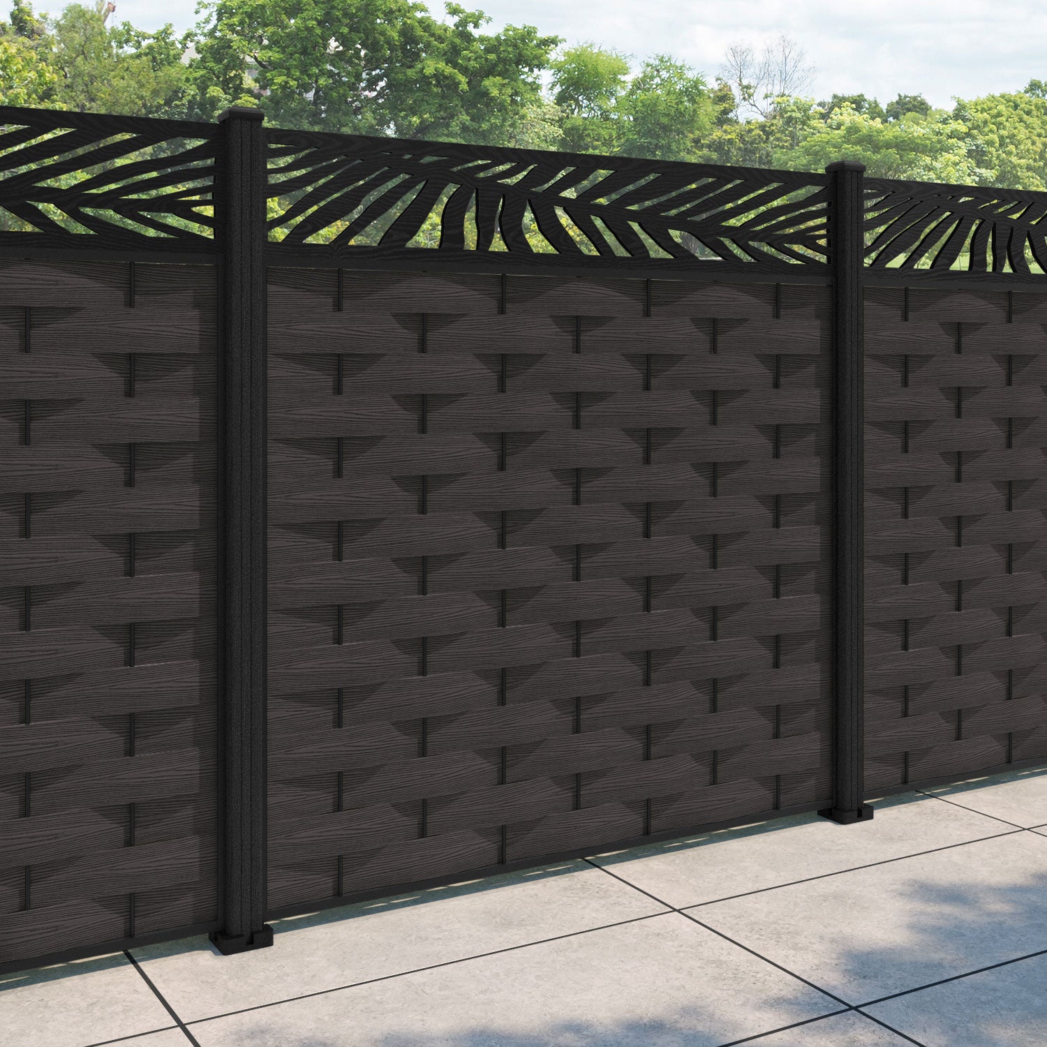 Ripple Palm Fence Panel - Dark Oak - with our composite posts