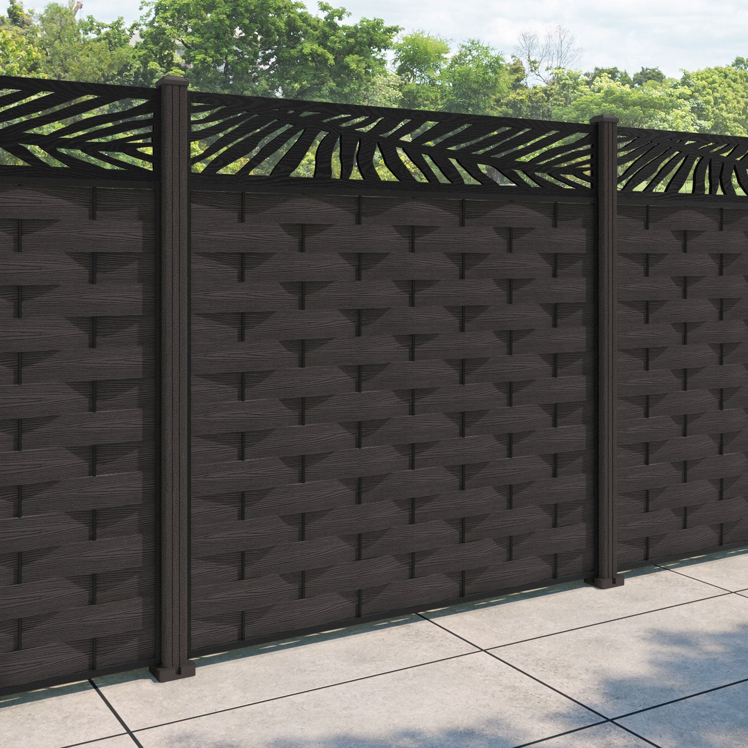 Ripple Palm Fence Panel - Dark Oak - with our composite posts
