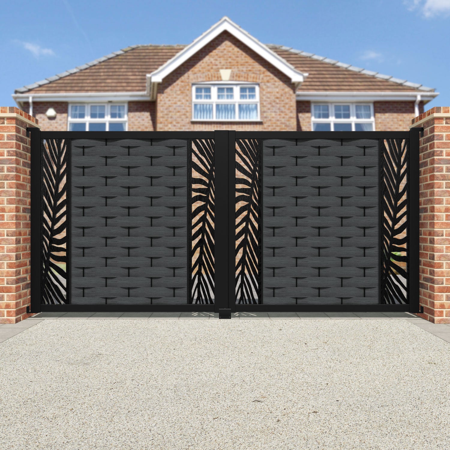 Ripple Palm Straight Top Driveway Gate - Dark Grey - Middle & End Screen