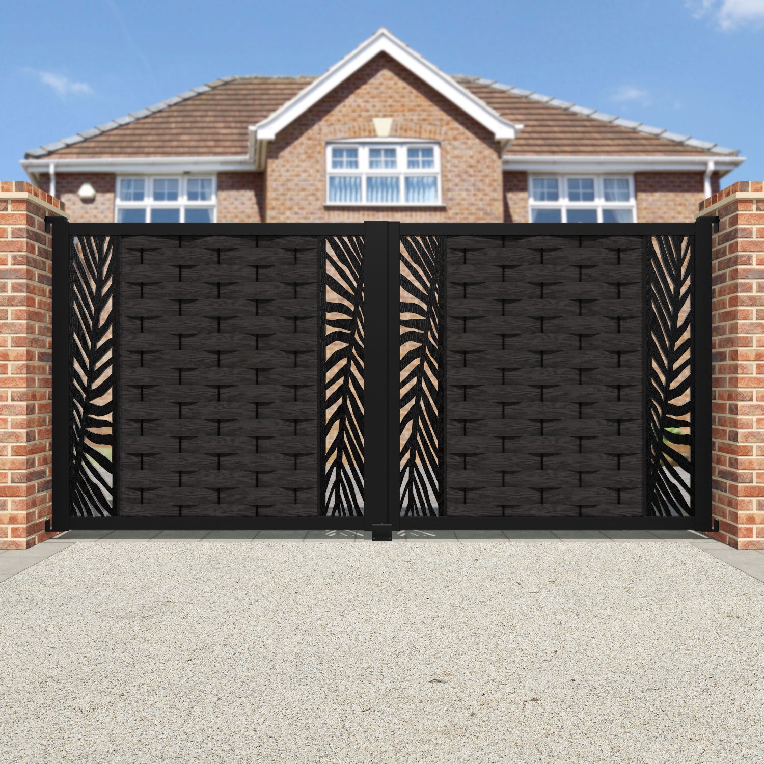 Ripple Palm Straight Top Driveway Gate - Dark Oak - Middle & End Screen