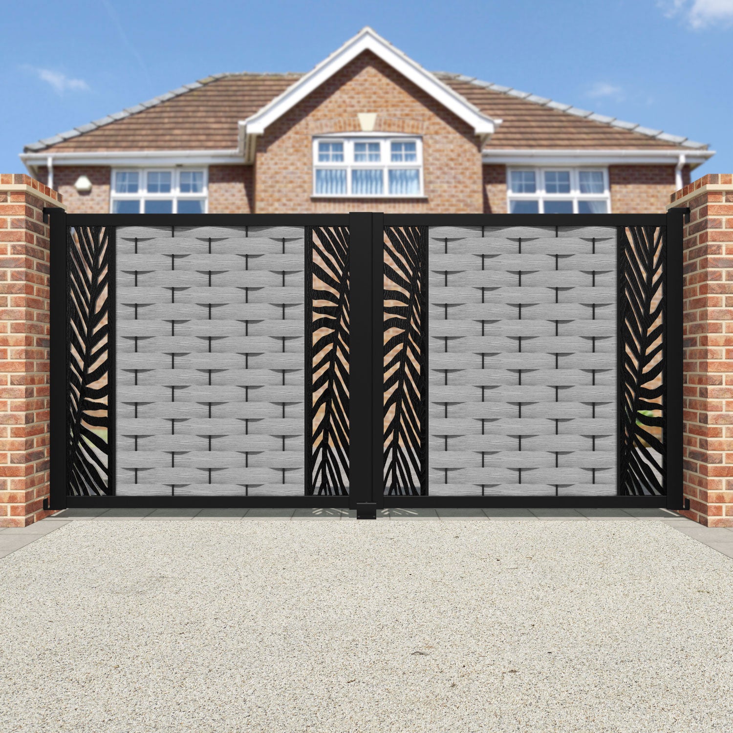 Ripple Palm Straight Top Driveway Gate - Light Grey - Middle & End Screen