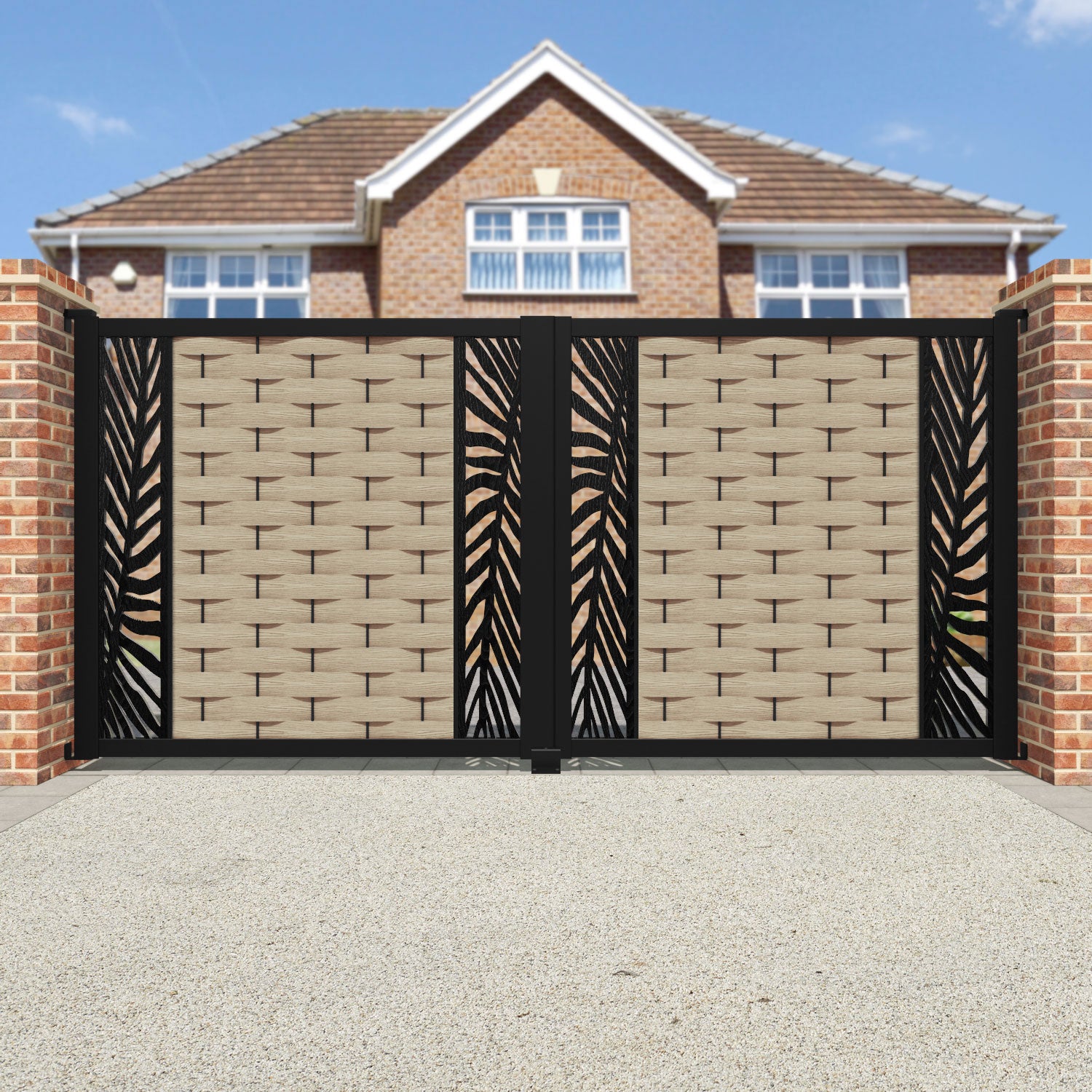 Ripple Palm Straight Top Driveway Gate - Light Oak- Middle & End Screen