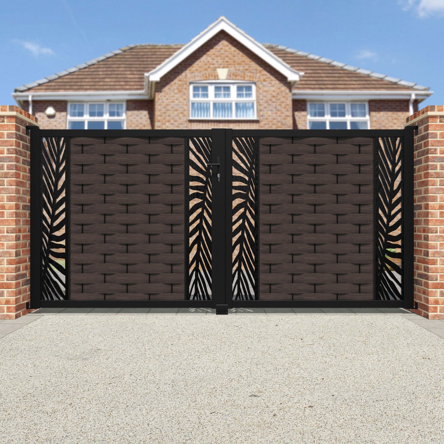 Ripple Palm Straight Top Driveway Gate - Mid Brown - Middle & End Screen