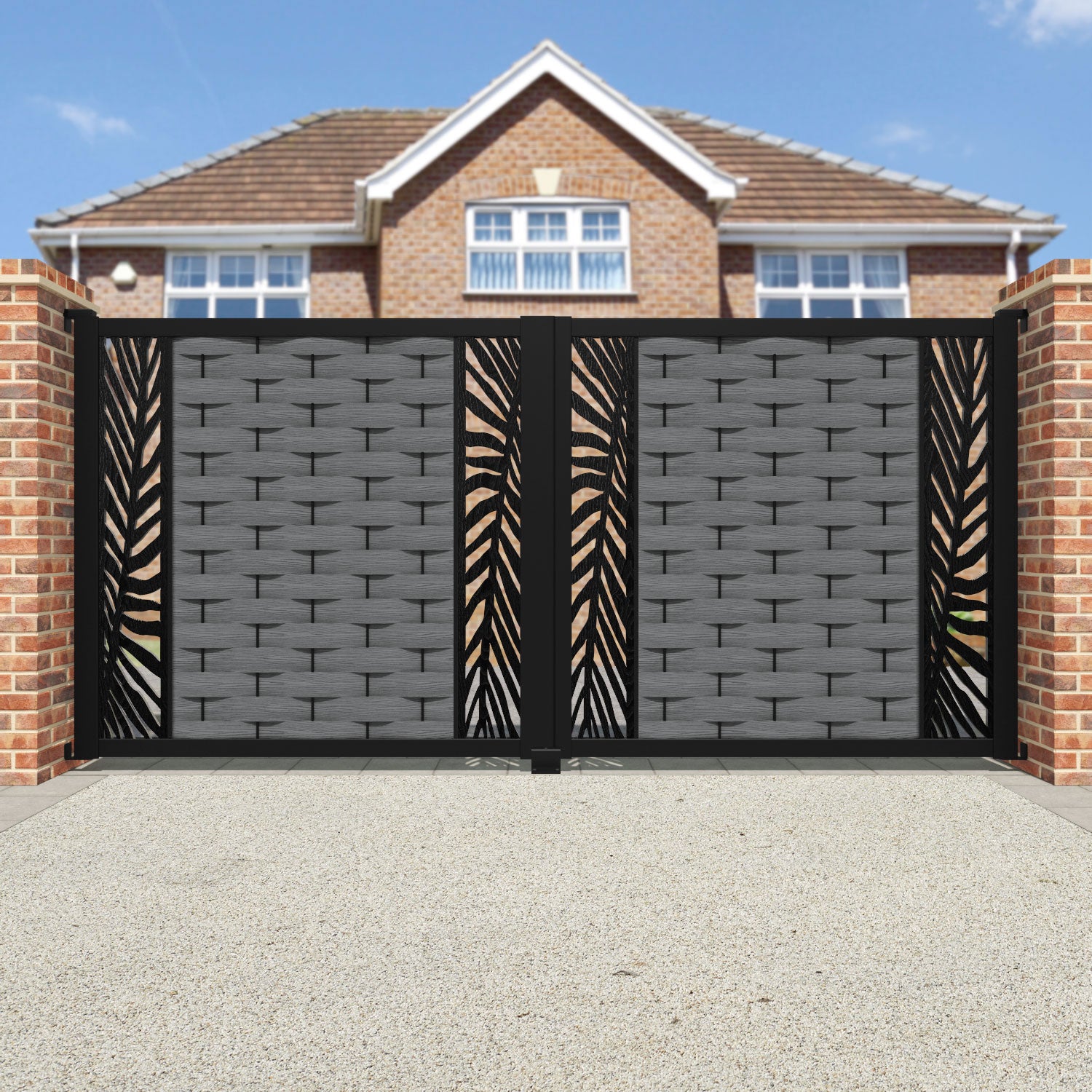 Ripple Palm Straight Top Driveway Gate - Mid Grey - Middle & End Screen