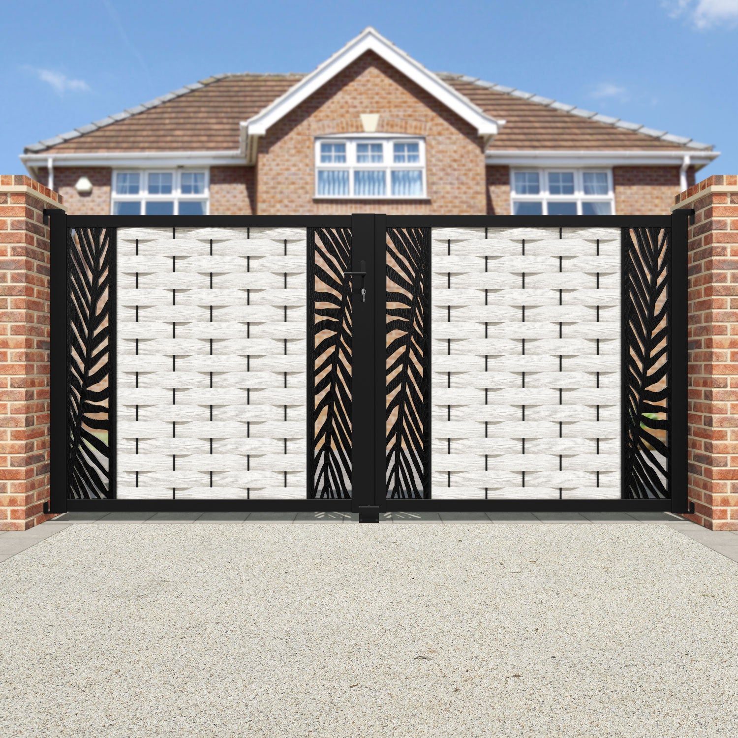 Ripple Palm Straight Top Driveway Gate - Light Stone - Middle & End Screen