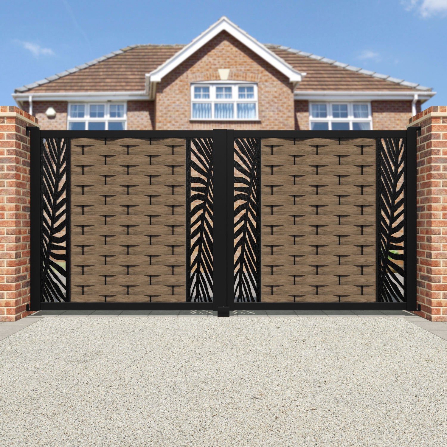 Ripple Palm Straight Top Driveway Gate - Teak - Middle & End Screen