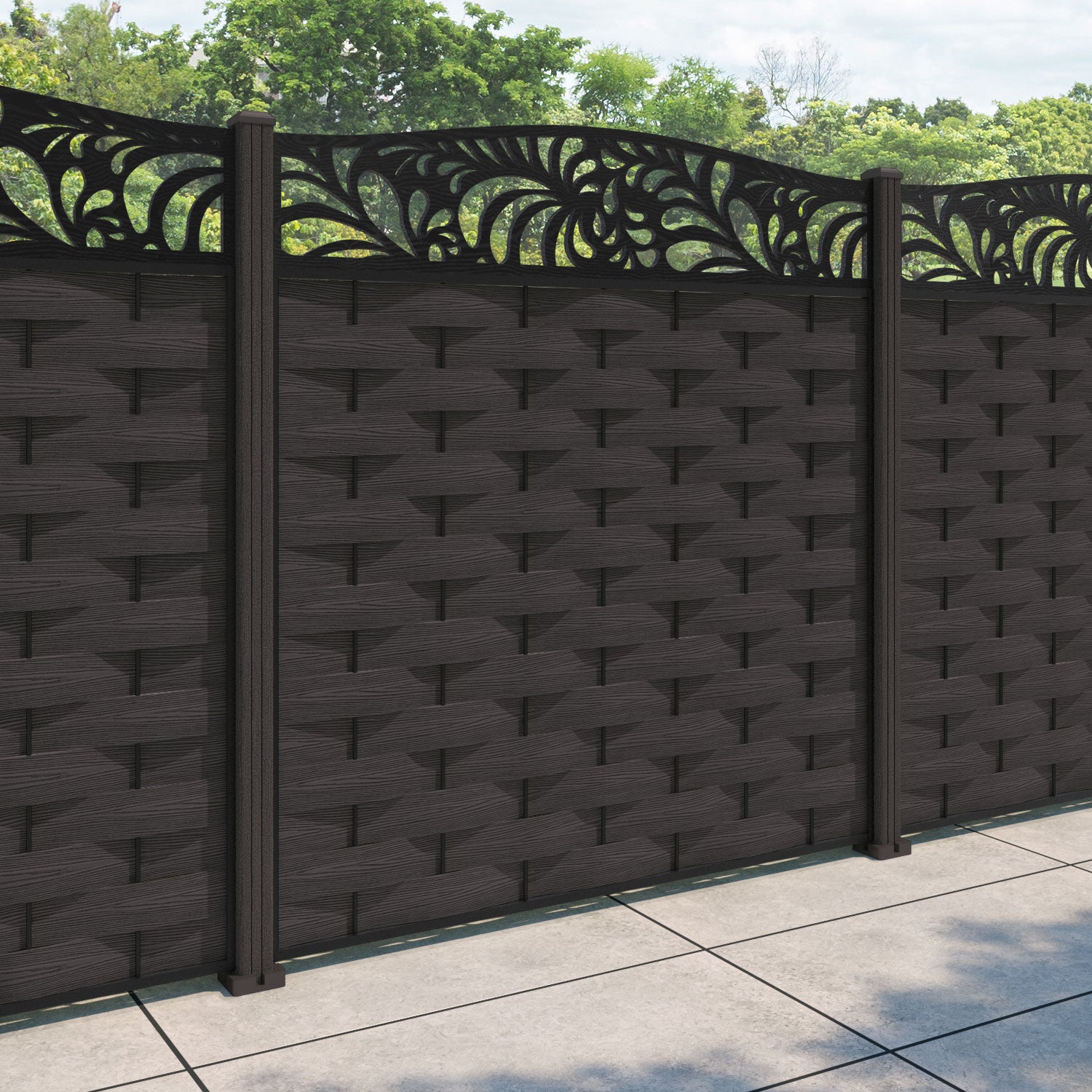 Ripple Petal Curved Top Fence Panel - Dark Oak - with our composite posts