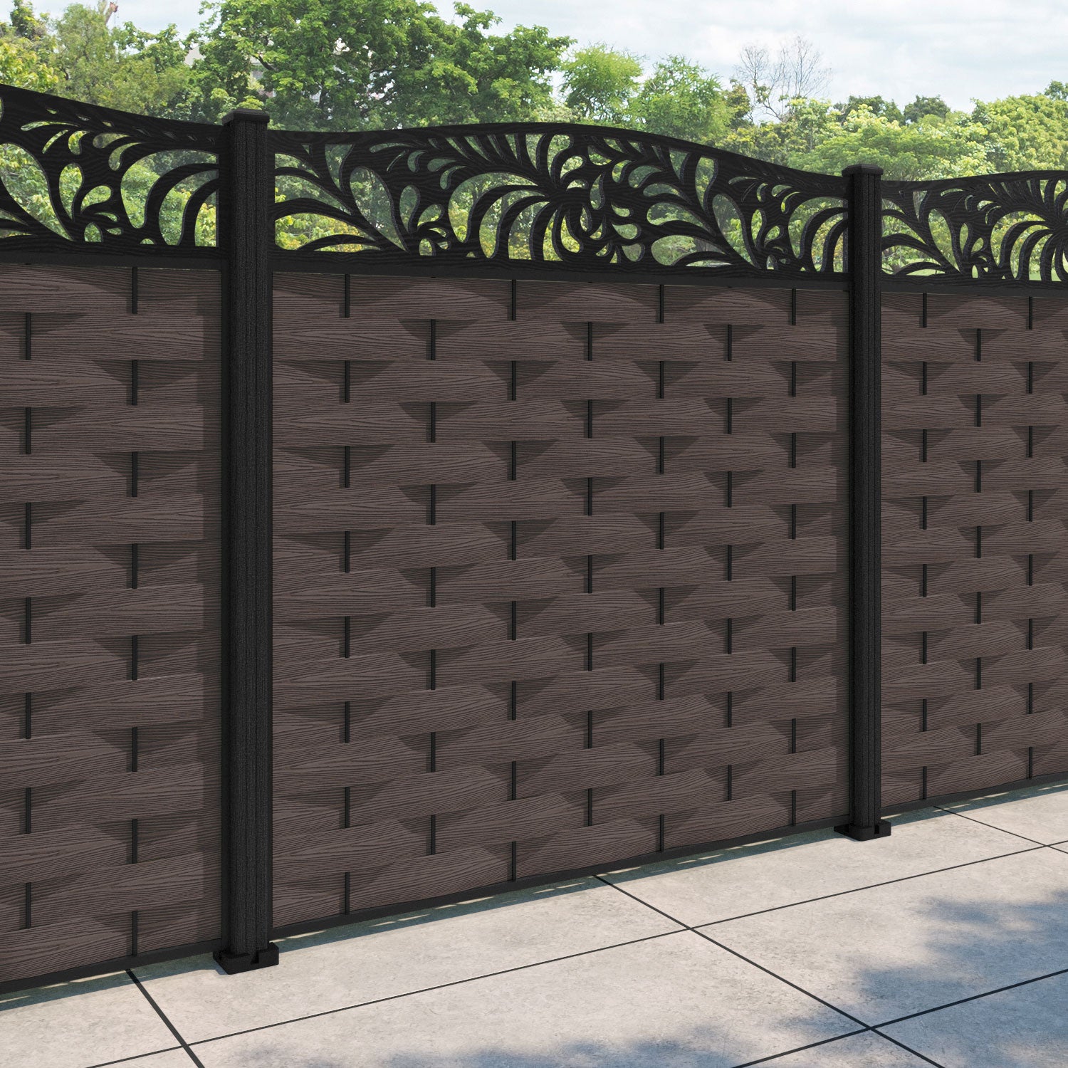 Ripple Petal Curved Top Fence Panel - Mid Brown - with our composite posts