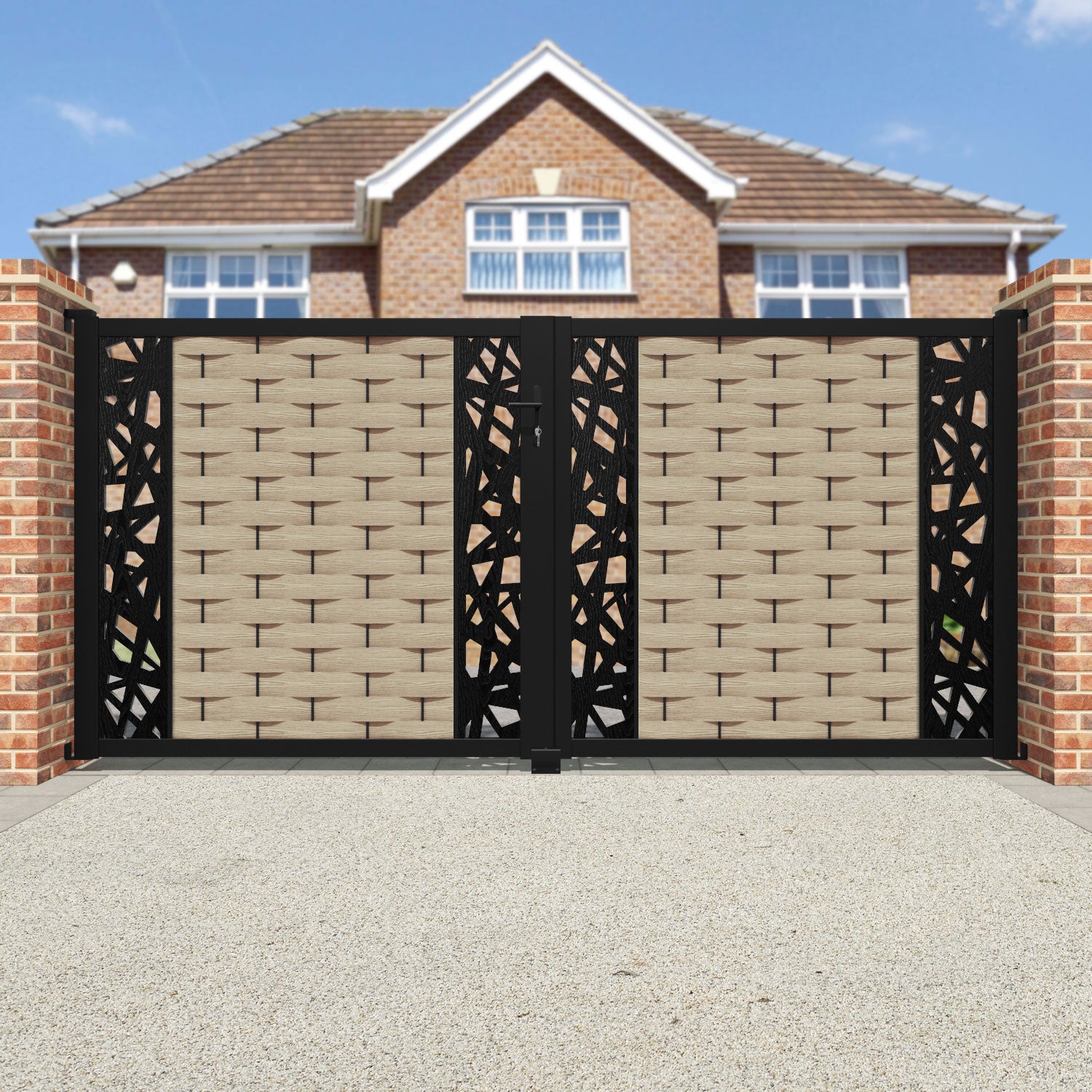 Ripple Prism Straight Top Driveway Gate - Light Oak - Middle & End Screen