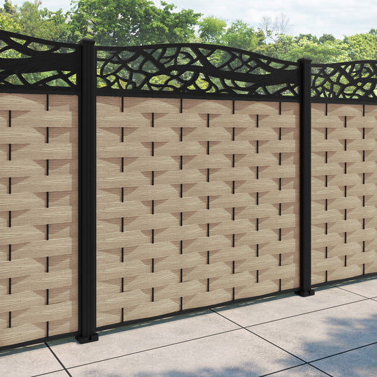 Ripple Twilight Curved Top Fence Panel - Light Oak - with our aluminium posts