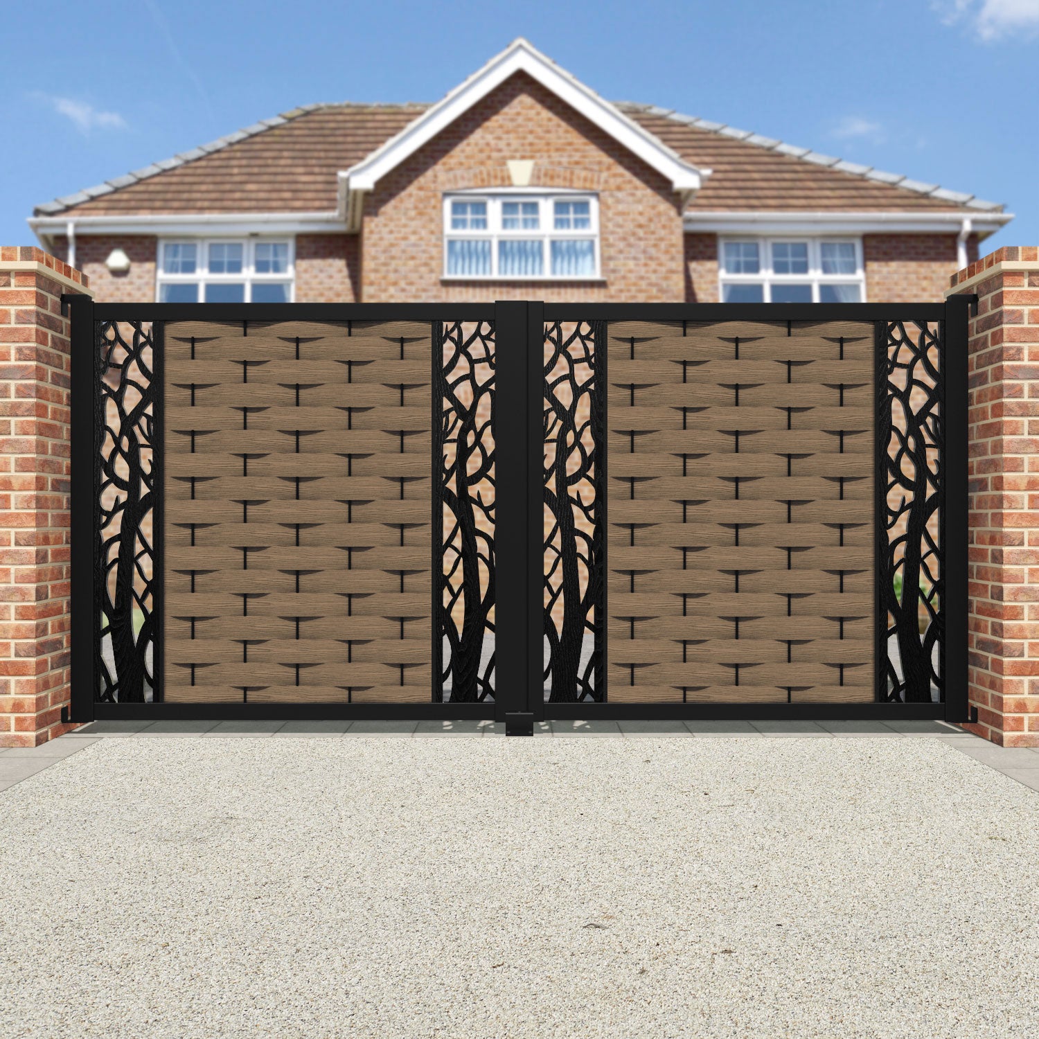 Ripple Twilight Straight Top Driveway Gate - Teak - Middle & End Screen
