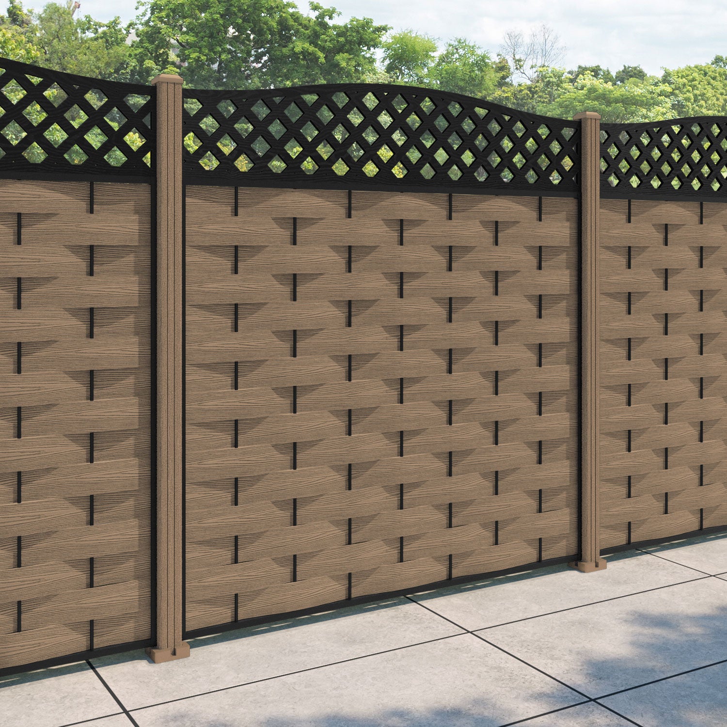 Ripple High Wave Fence Panel - Teak - with our composite posts