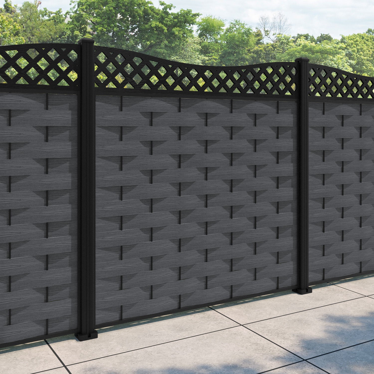 Ripple Low Wave Fence Panel - Dark Grey - with our aluminium posts