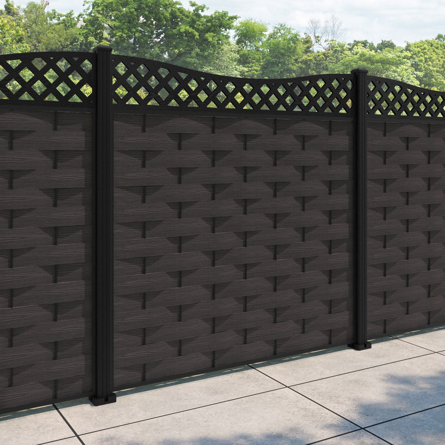 Ripple Low Wave Fence Panel - Dark Oak - with our aluminium posts