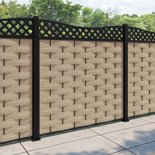 Ripple Low Wave Fence Panel - Light Oak - with our aluminium posts