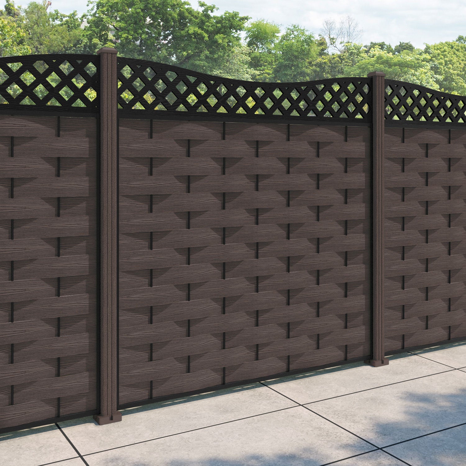 Ripple Low Wave Fence Panel - Mid Brown - with our composite posts