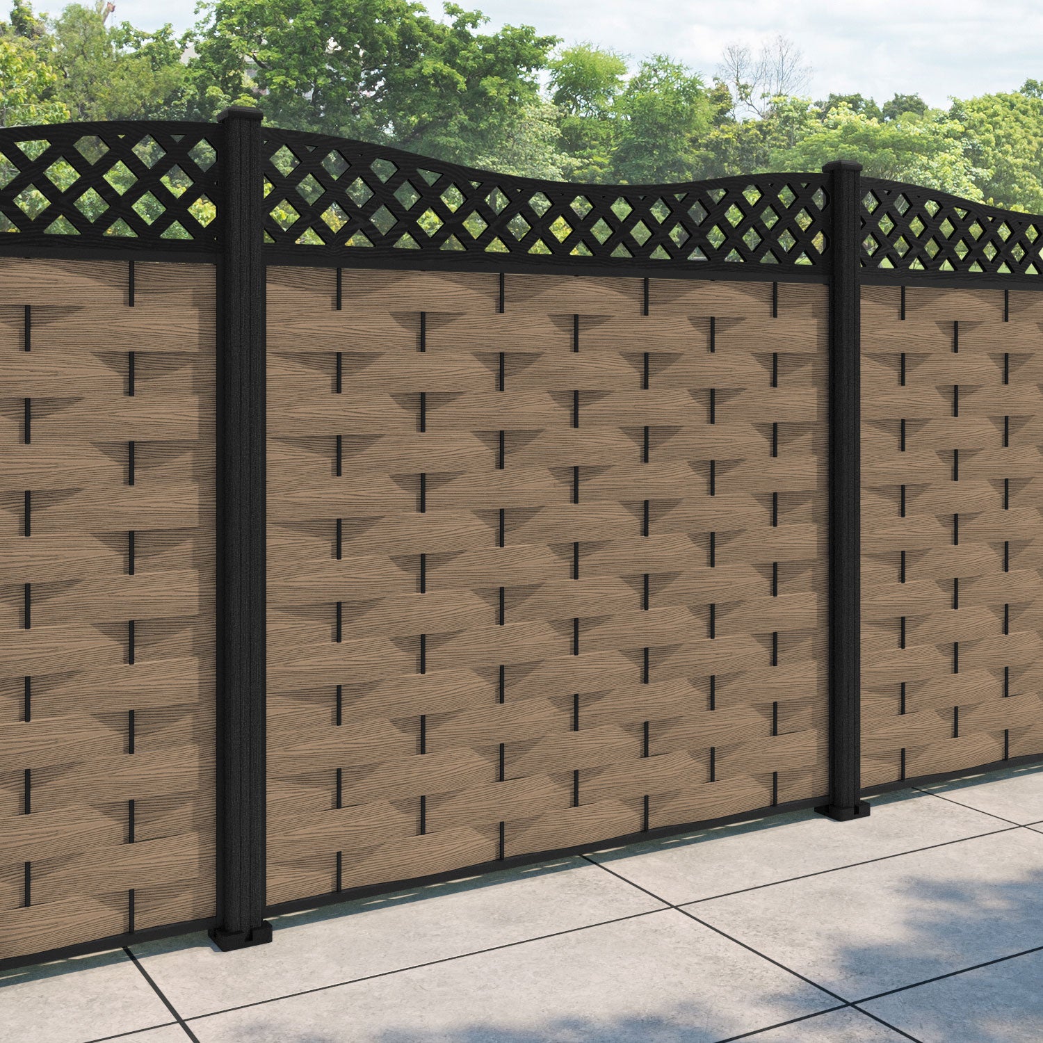 Ripple Low Wave Fence Panel - Teak - with our composite posts