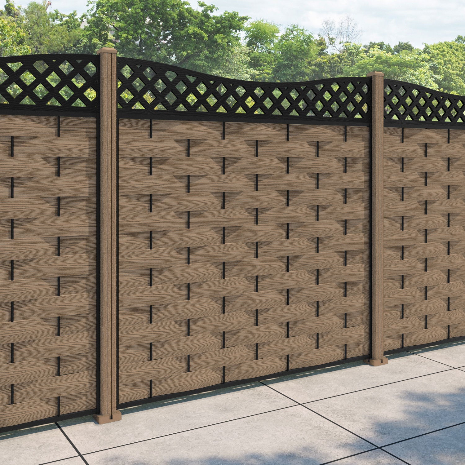 Ripple Low Wave Fence Panel - Teak - with our composite posts