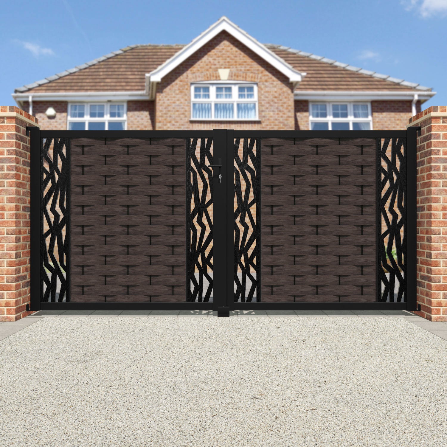 Ripple Zenith Straight Top Driveway Gate - Mid Brown - Middle & End Screen