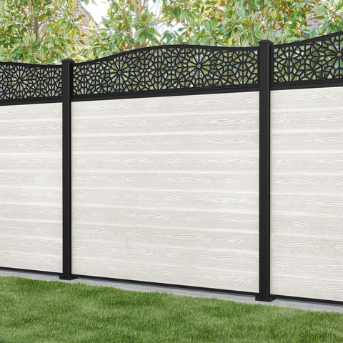 Classic Alnara Curved Top Fence Panel - Light Stone - with our aluminium posts