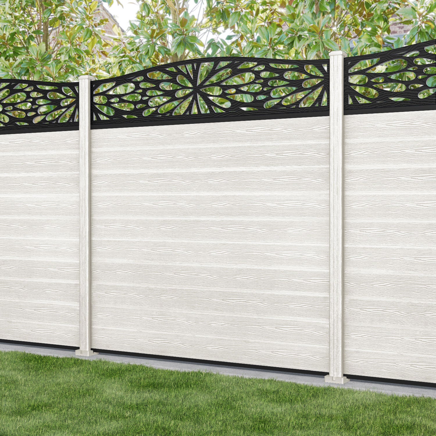 Classic Blossom Curved Top Fence Panel - Light Stone - with our composite posts