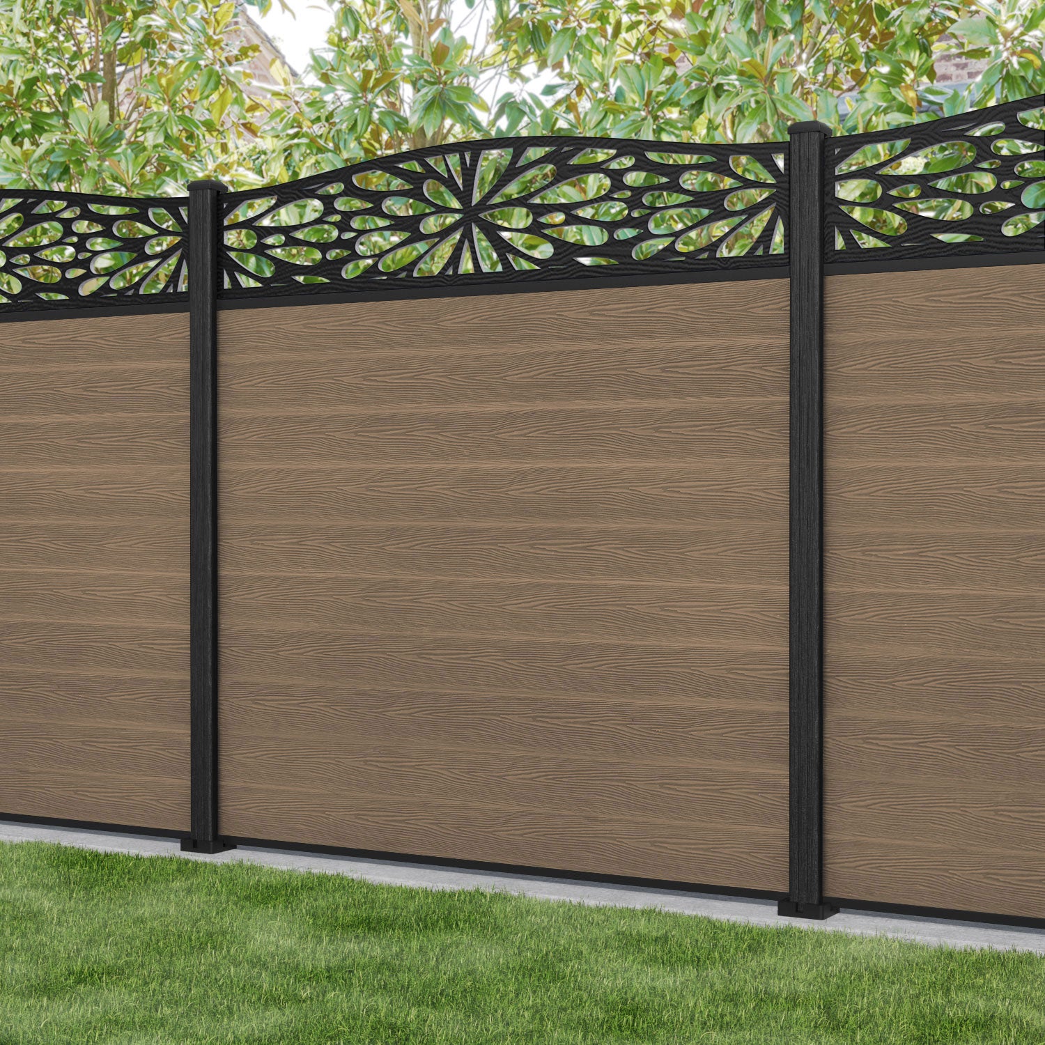 Classic Blossom Curved Top Fence Panel - Teak - with our composite posts