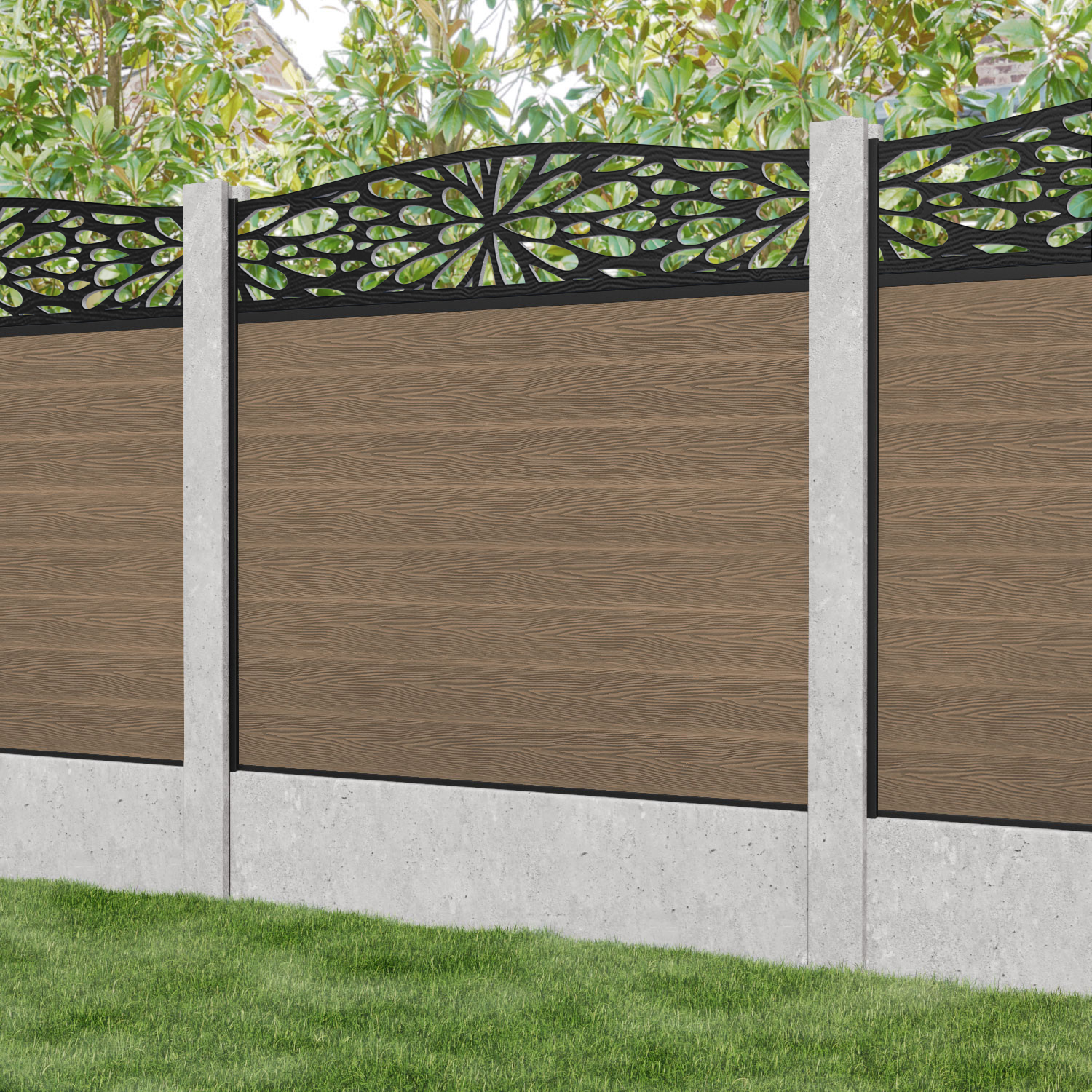 Classic Blossom Curved Top Fence Panel - Teak - for existing concrete posts