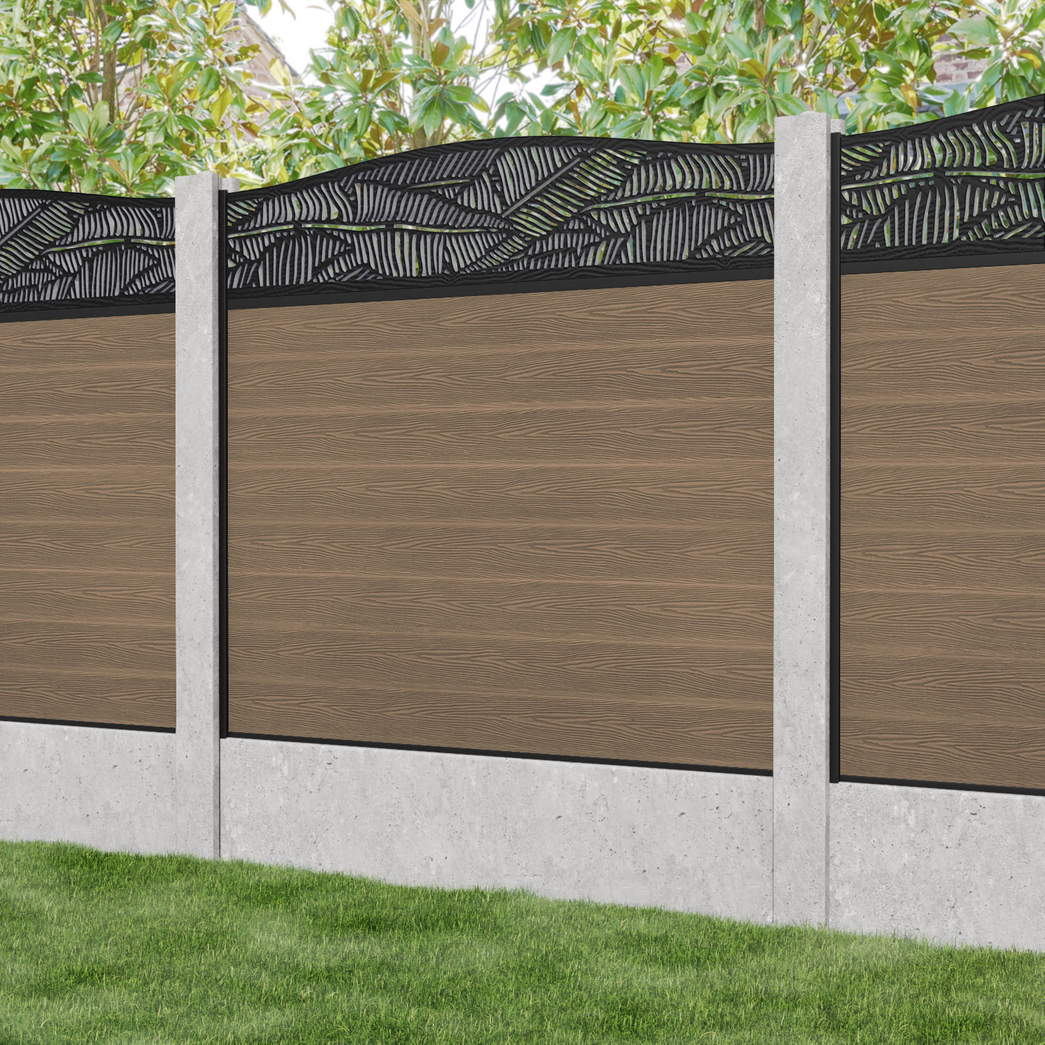 Classic Feather Curved Top Fence Panel - Teak - for existing concrete posts