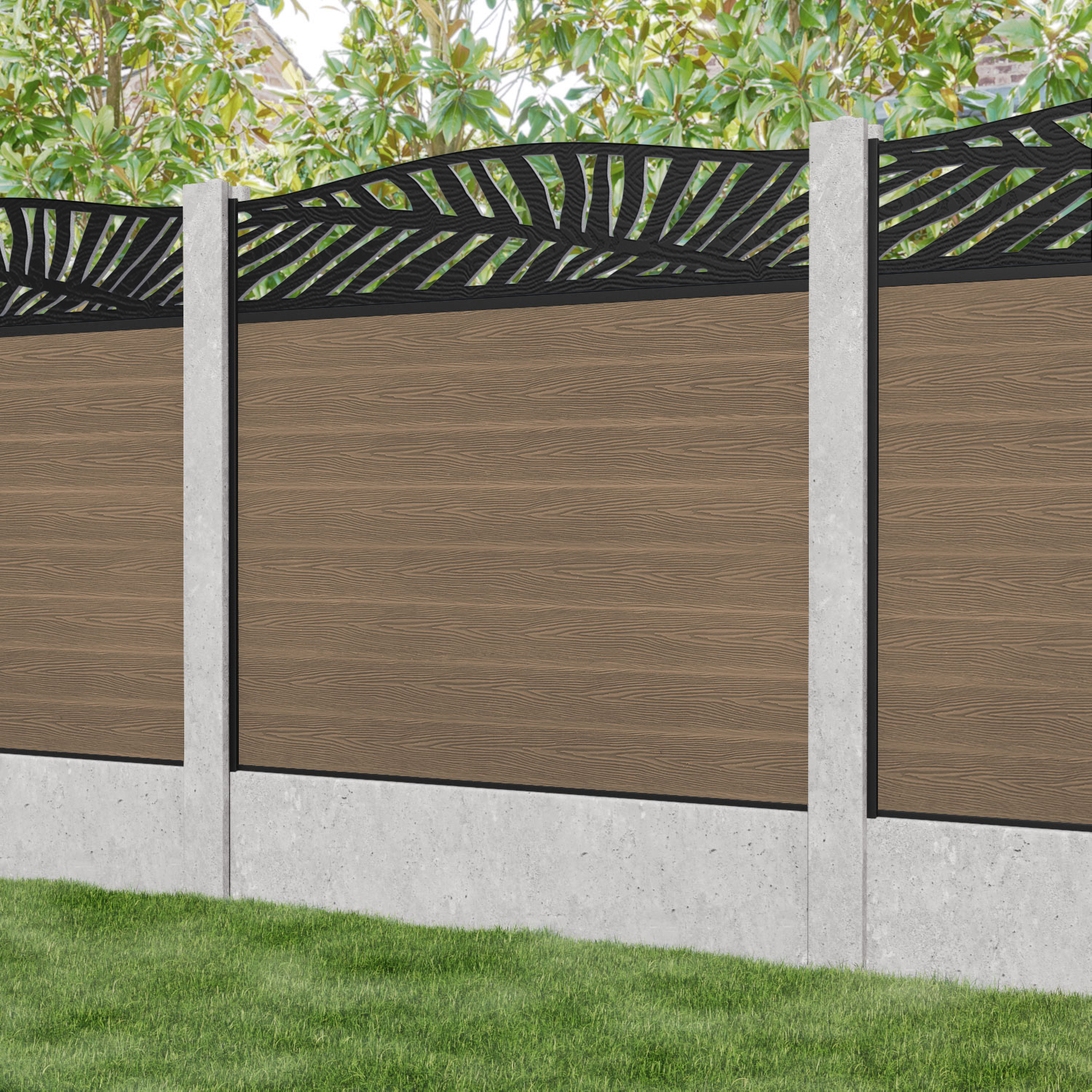 Classic Palm Curved Top Fence Panel - Teak - for existing concrete posts