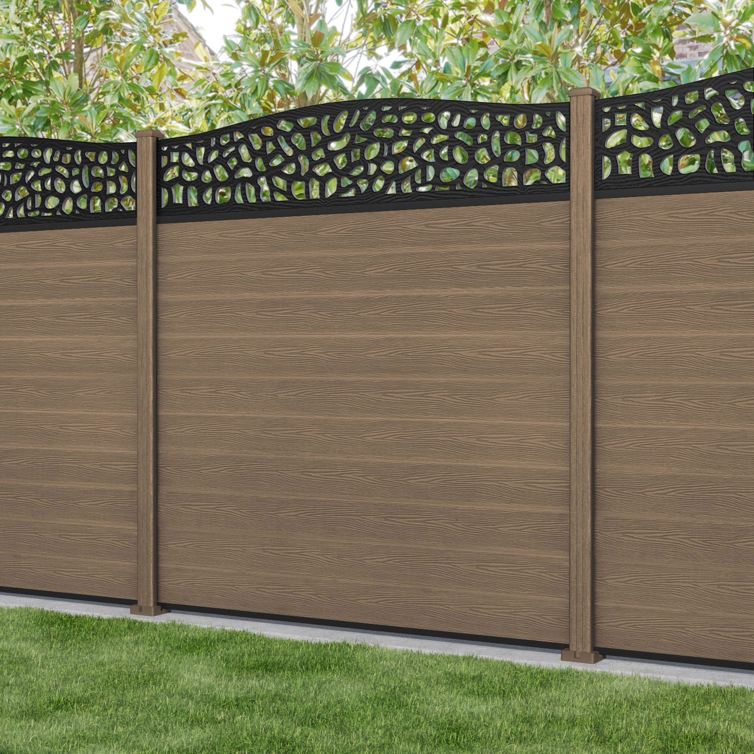 Classic Pebble Curved Top Fence Panel - Teak - with our composite posts