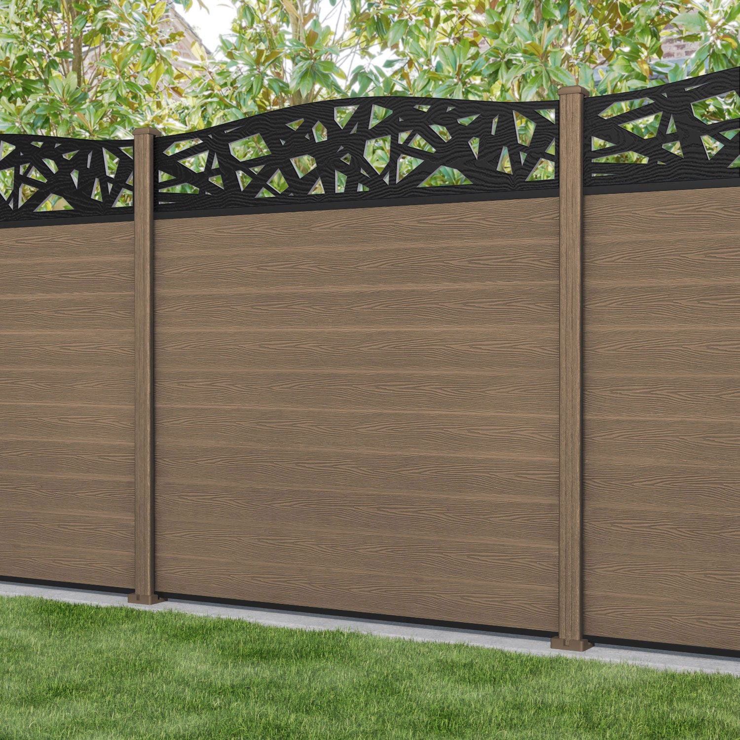 Classic Prism Curved Top Fence Panel - Teak - with our composite posts