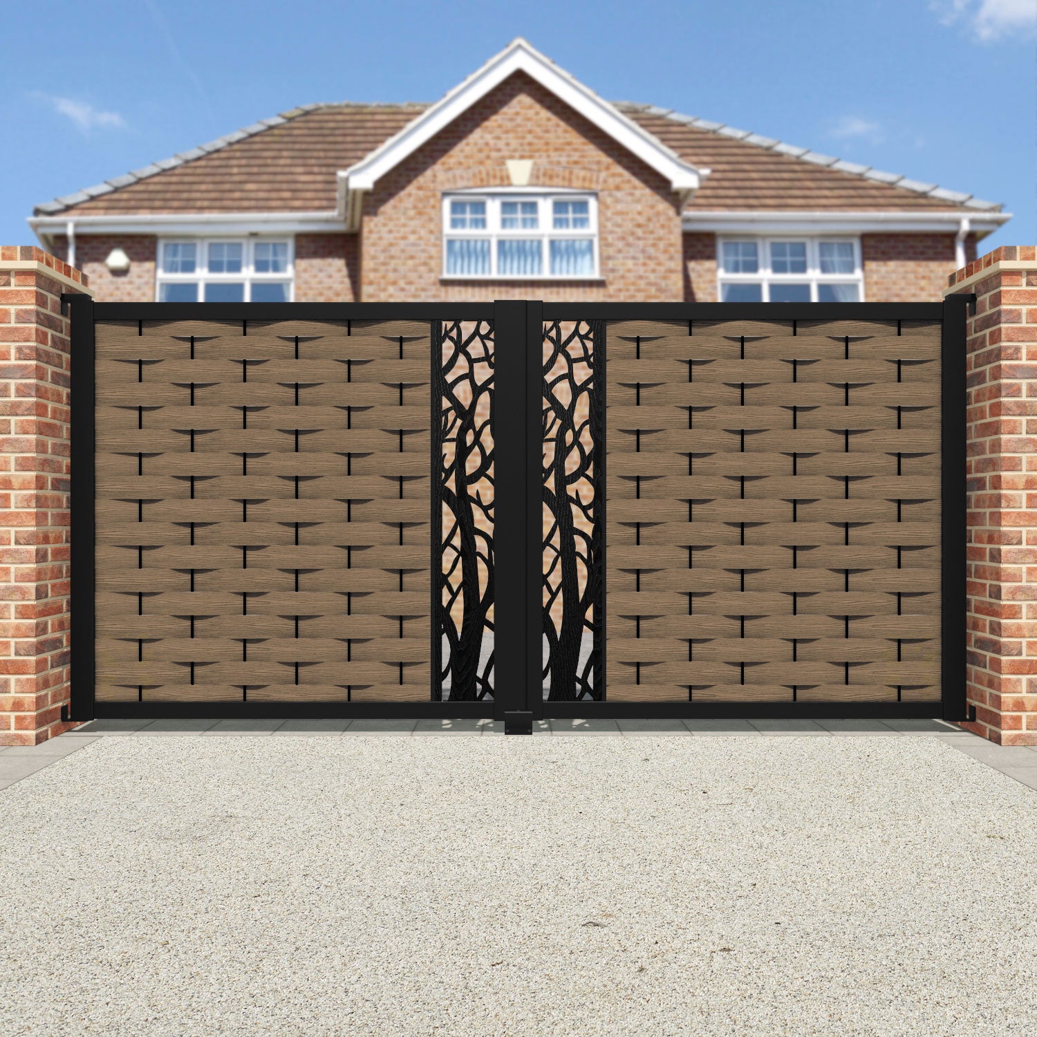 Ripple Twilight Straight Top Driveway Gate - Teak - Middle Screen