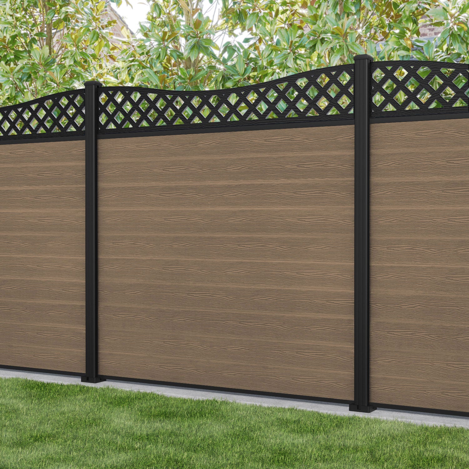 Classic Low Wave Fence Panel - Teak - with our aluminium posts