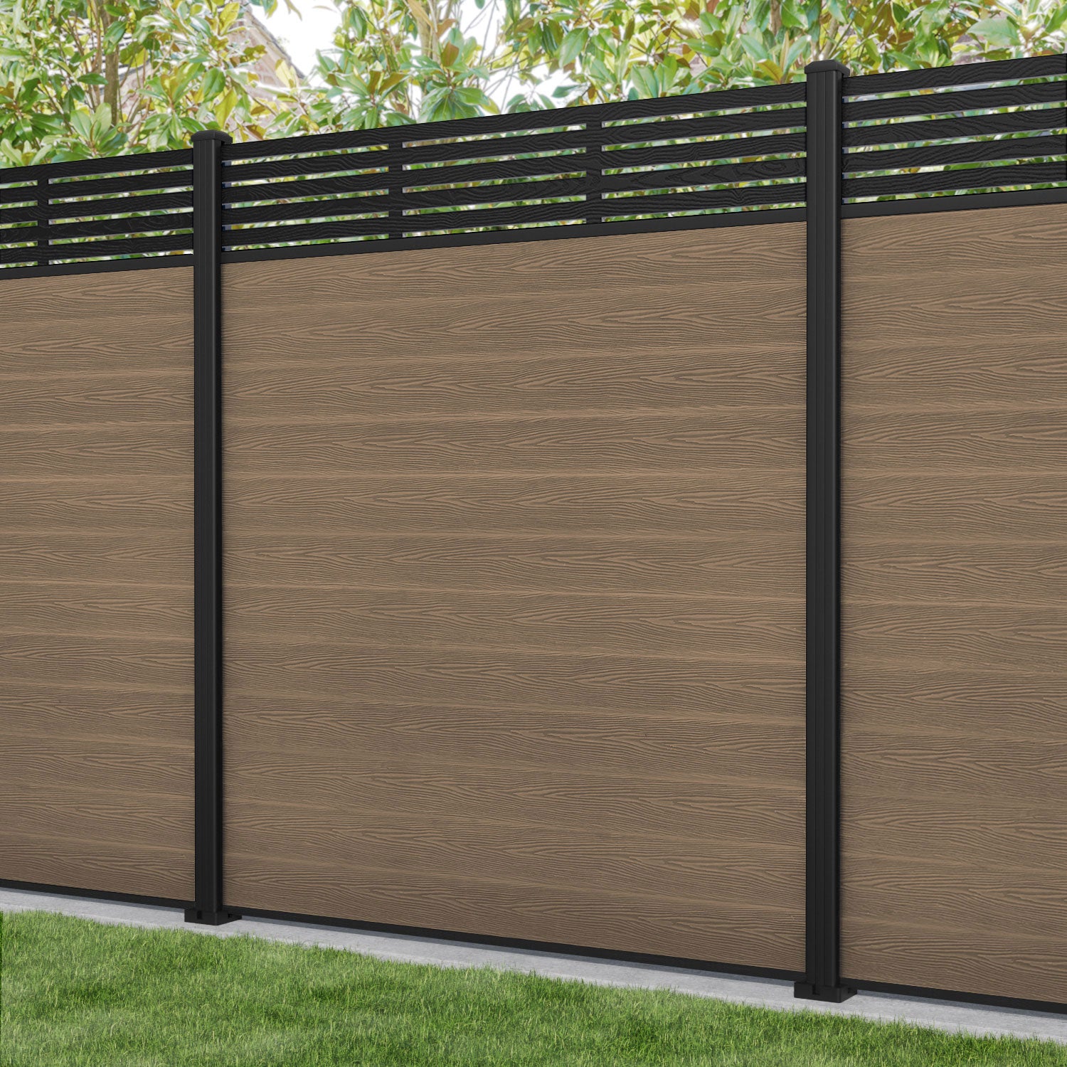 Classic Aspen Fence Panel - Teak - with our aluminium posts
