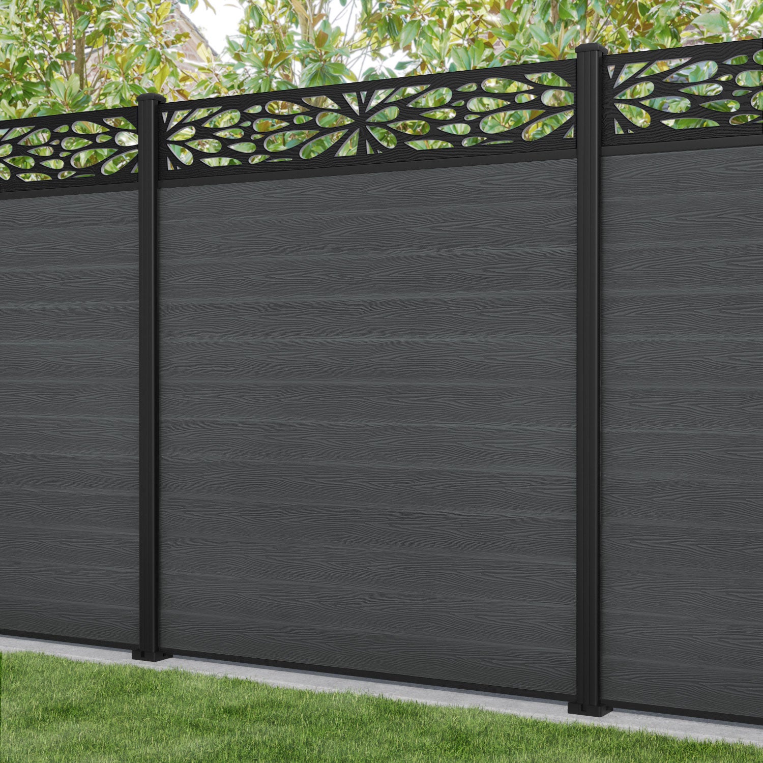 Classic Blossom Fence Panel - Dark Grey - with our aluminium posts