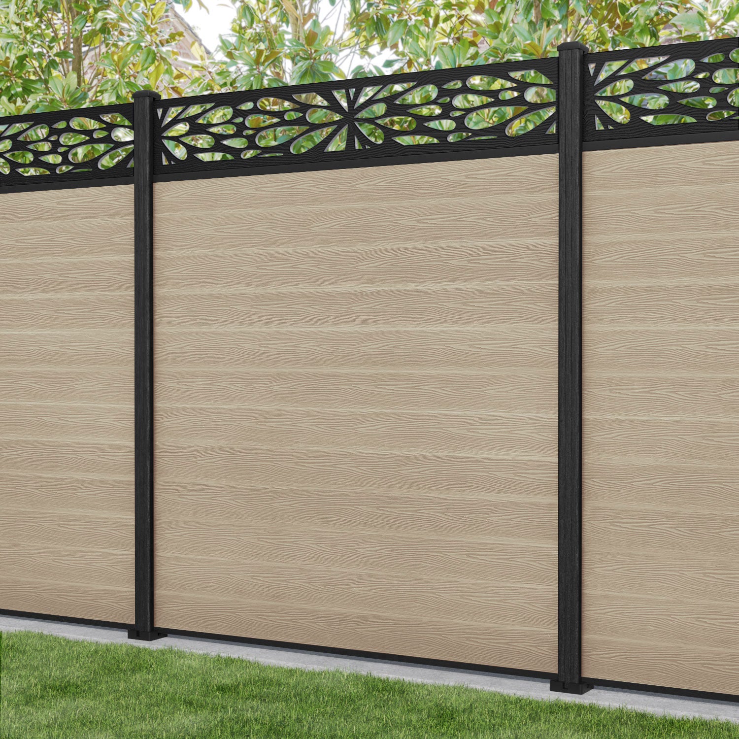 Classic Blossom Fence Panel - Light Oak - with our composite posts