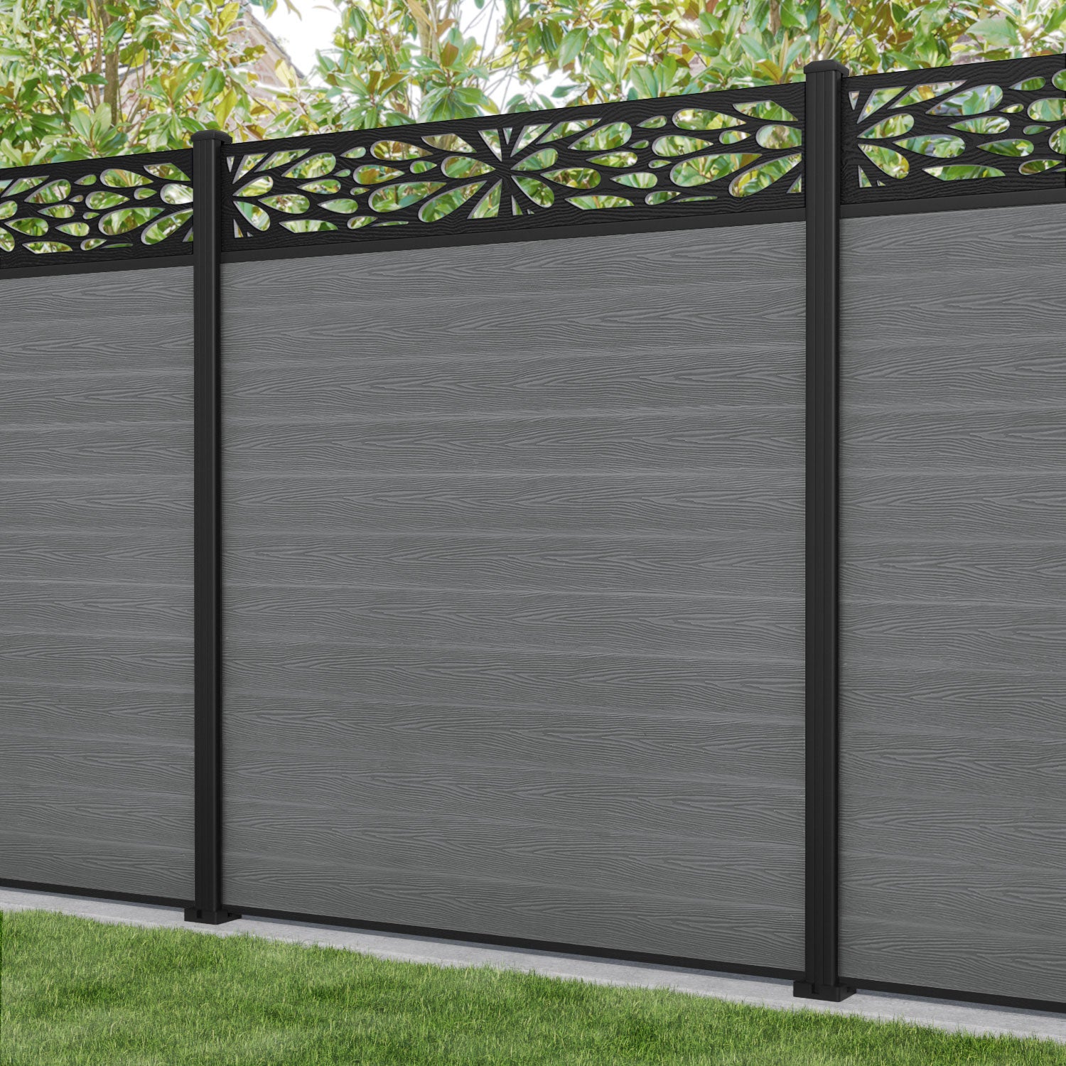 Classic Blossom Fence Panel - Mid Grey - with our aluminium posts
