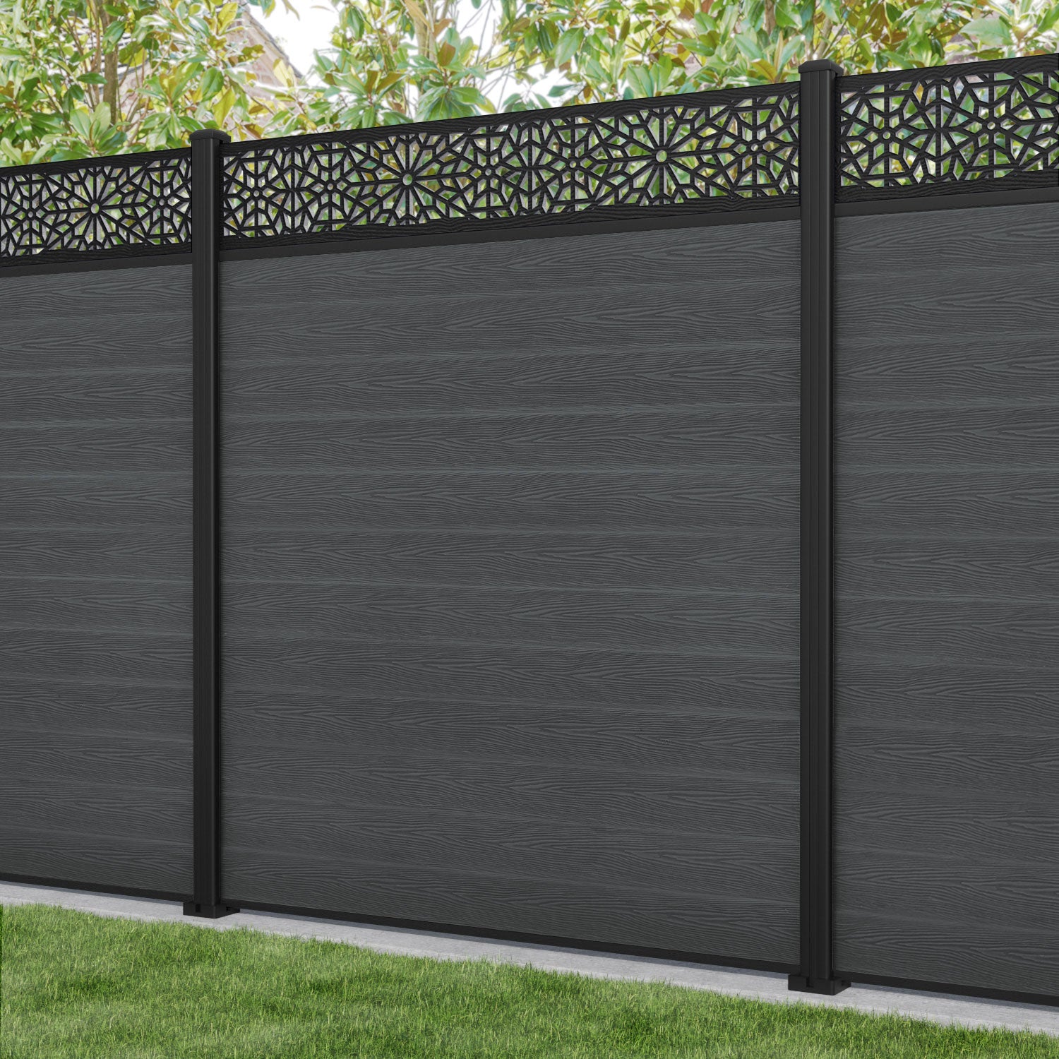 Classic Alnara Fence Panel - Dark Grey - with our aluminium posts