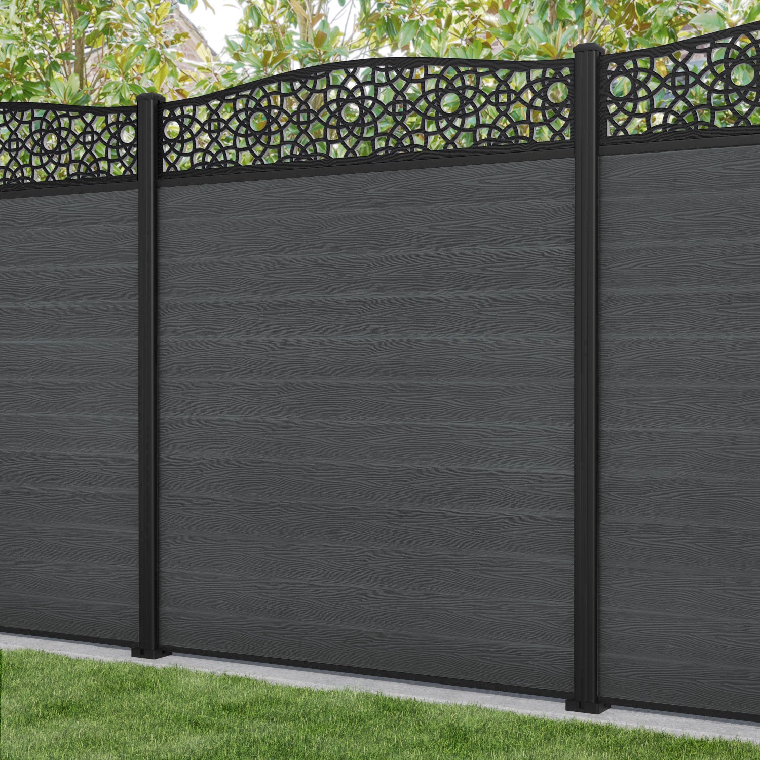 Classic Ambar Curved Top Fence Panel - Dark Grey - with our aluminium posts