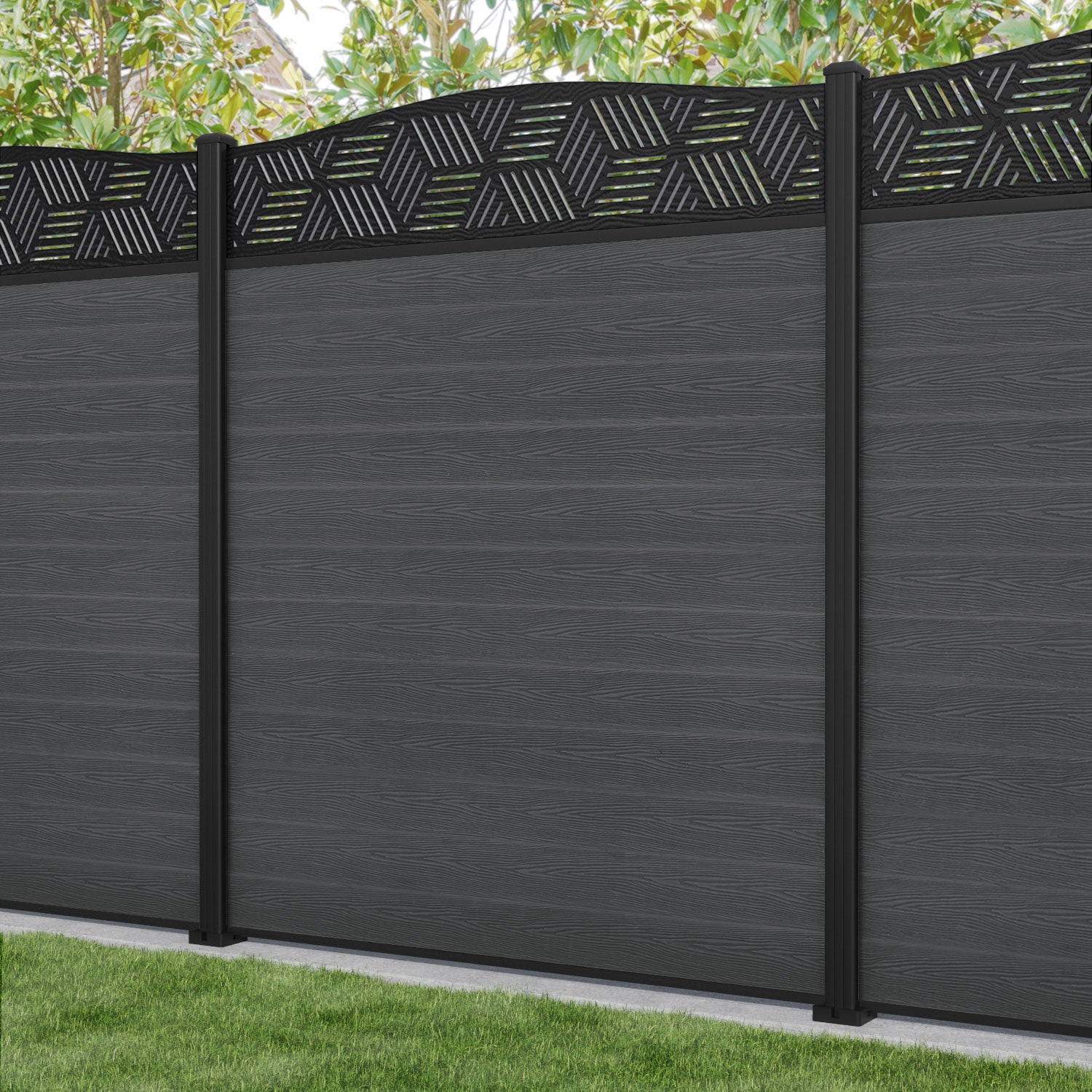 Classic Cubed Curved Top Fence Panel - Dark Grey - with our aluminium posts