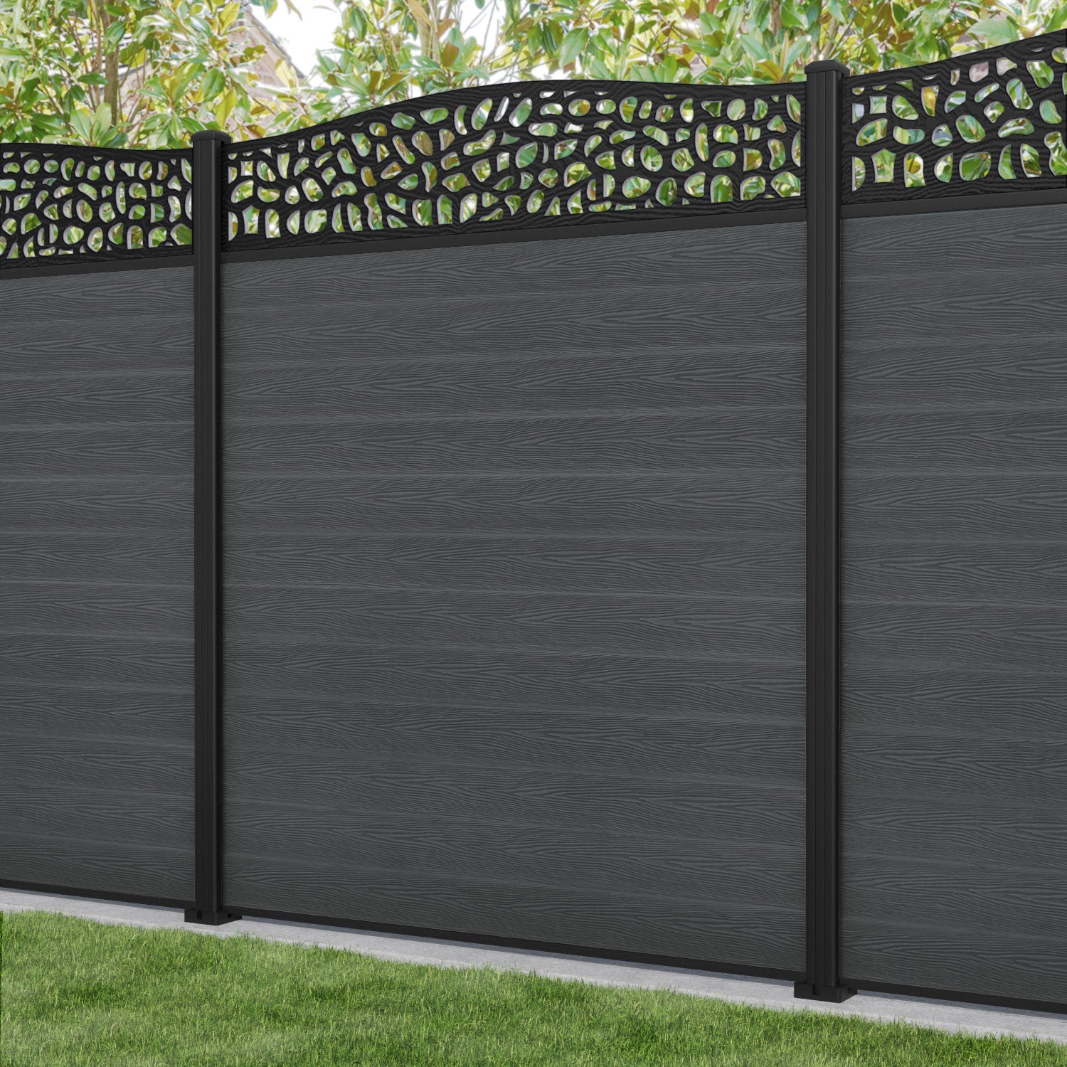Classic Pebble Curved Top Fence Panel - Dark Grey - with our aluminium posts