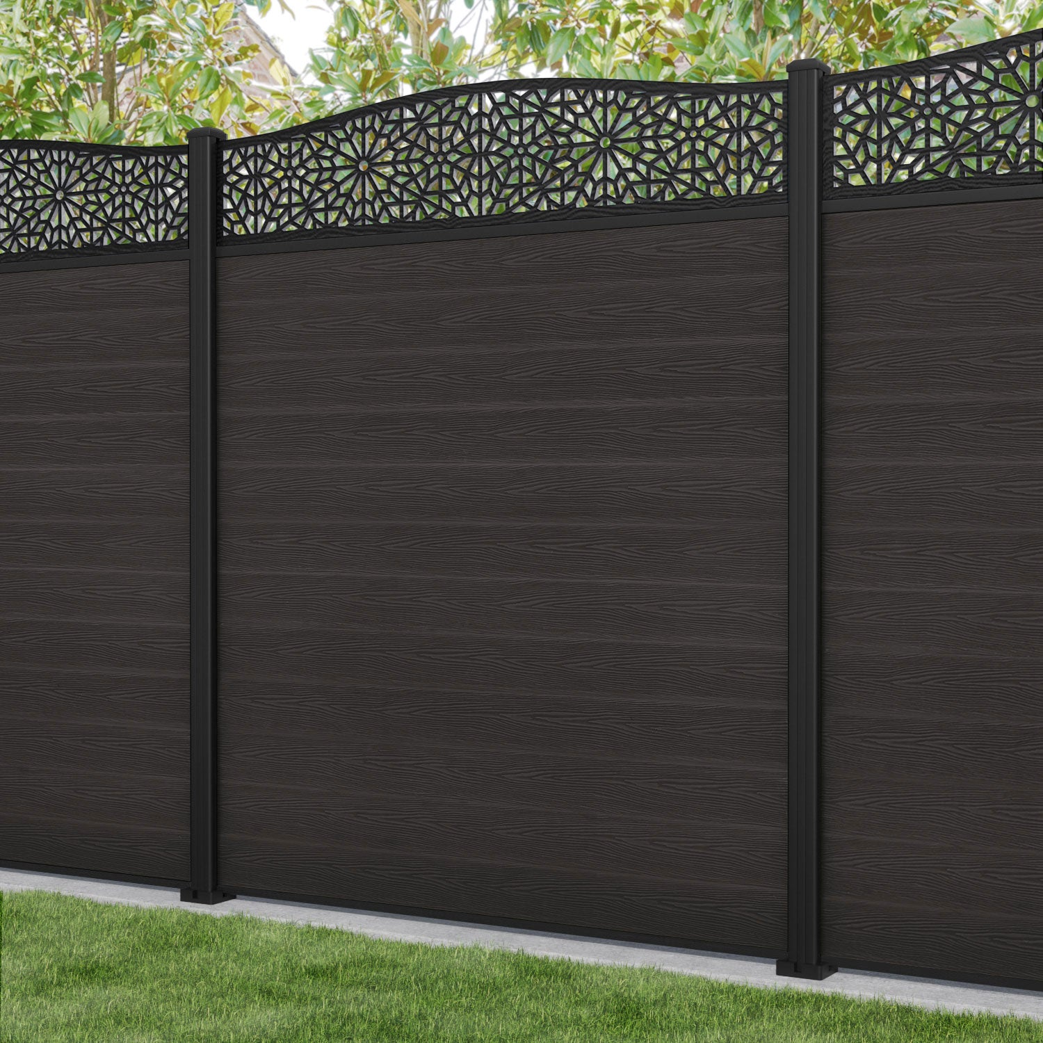 Classic Alnara Curved Top Fence Panel - Dark Oak - with our aluminium posts