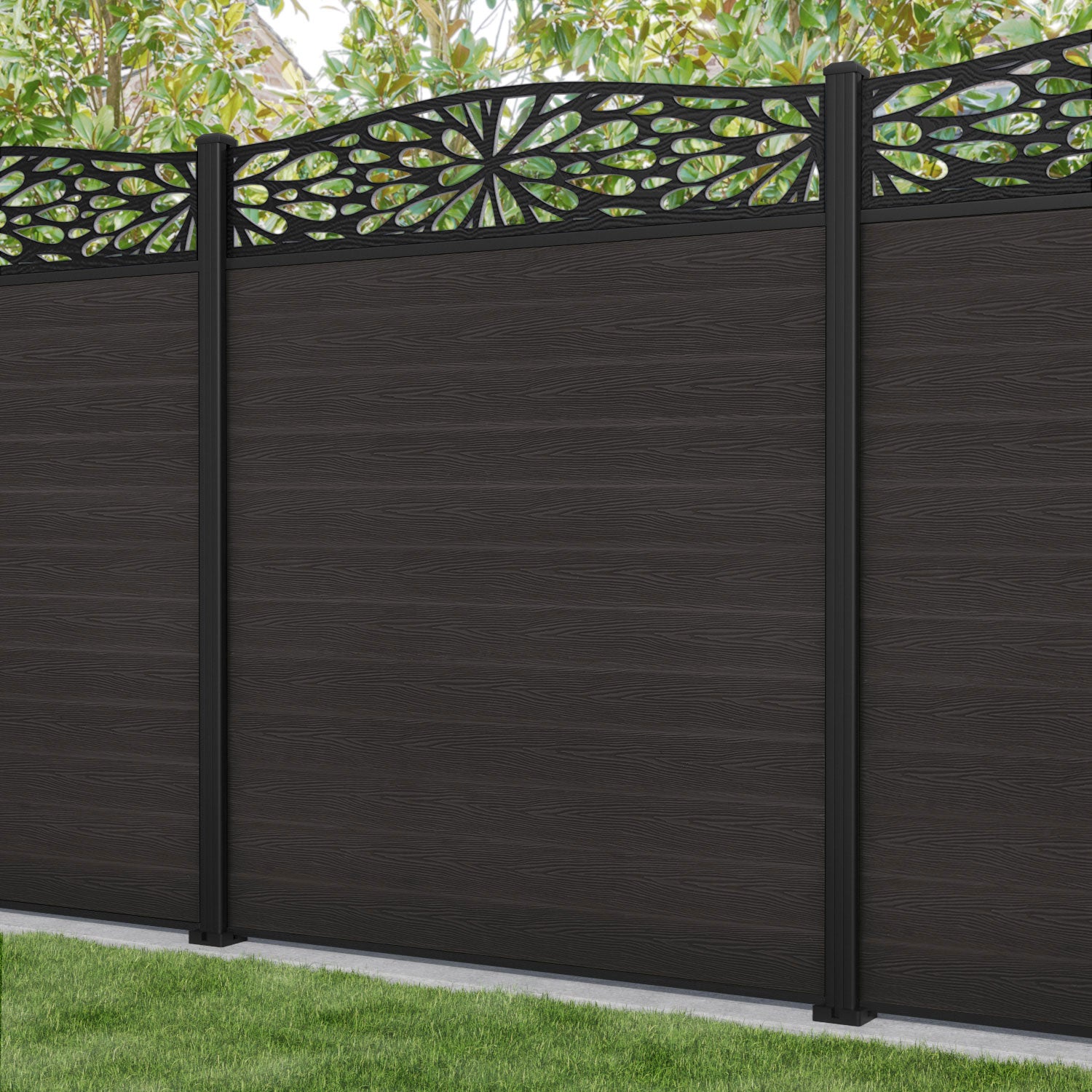 Classic Blossom Curved Top Fence Panel - Dark Oak - with our aluminium posts